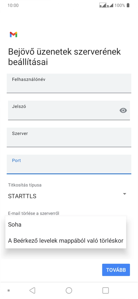 Válaszd a Soha lehetőséget ahhoz, hogy az e-mailek megtalálhatóak legyenek a szerveren, miután a telefonról törölted őket.