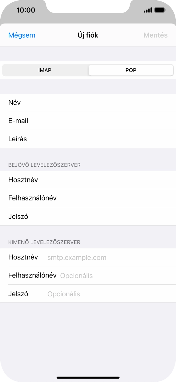 Kattints a Hosztnév mezőre, és írd be az e-mail szolgáltatód kimenő szerverének a nevét.