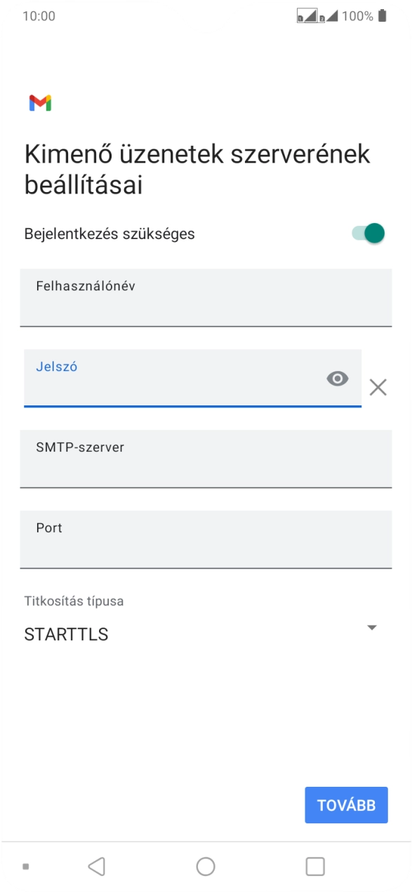 Kattints az „SMTP-szerver” alatti mezőre, és írd be az e-mail szolgáltatód kimenő szerverének a nevét.