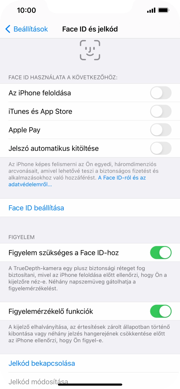 Válaszd a Jelkód bekapcsolása lehetőséget, és írj be kétszer egymás után egy tetszőleges képernyőzárkódot.