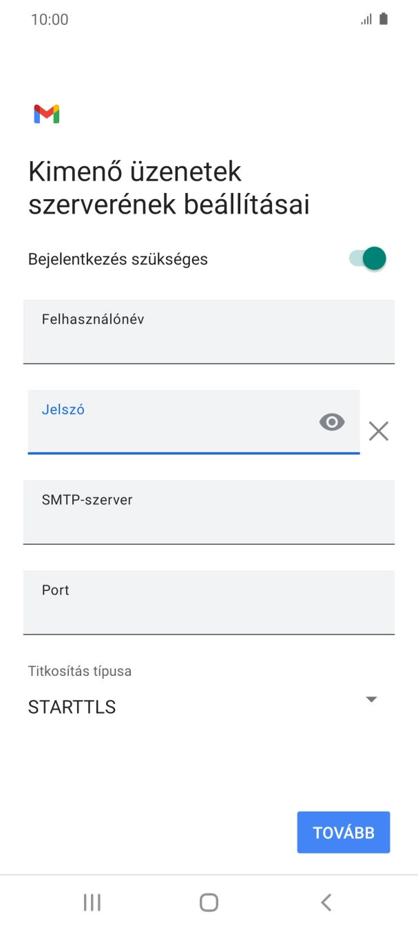 Kattints az „SMTP-szerver” alatti mezőre, és írd be az e-mail szolgáltatód kimenő szerverének a nevét.