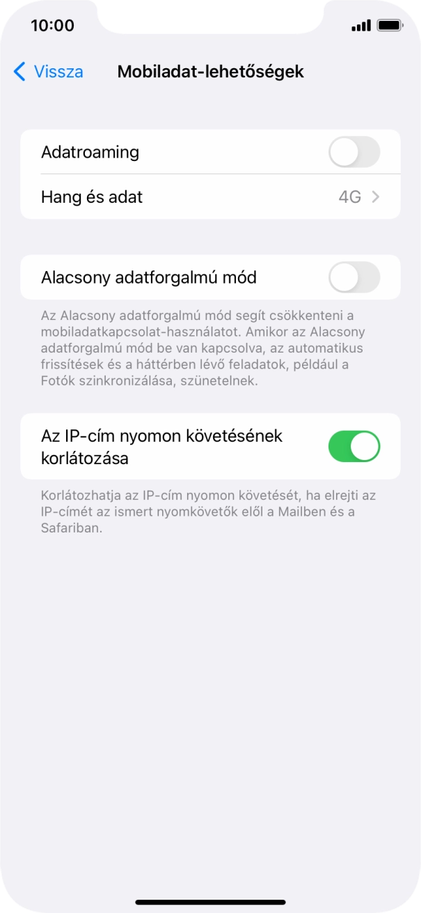 Kattints az „Adatroaming” melletti csúszkára a funkció be- vagy kikapcsolásához. Kattints az „Adatroaming” melletti csúszkára a funkció be- vagy kikapcsolásához.