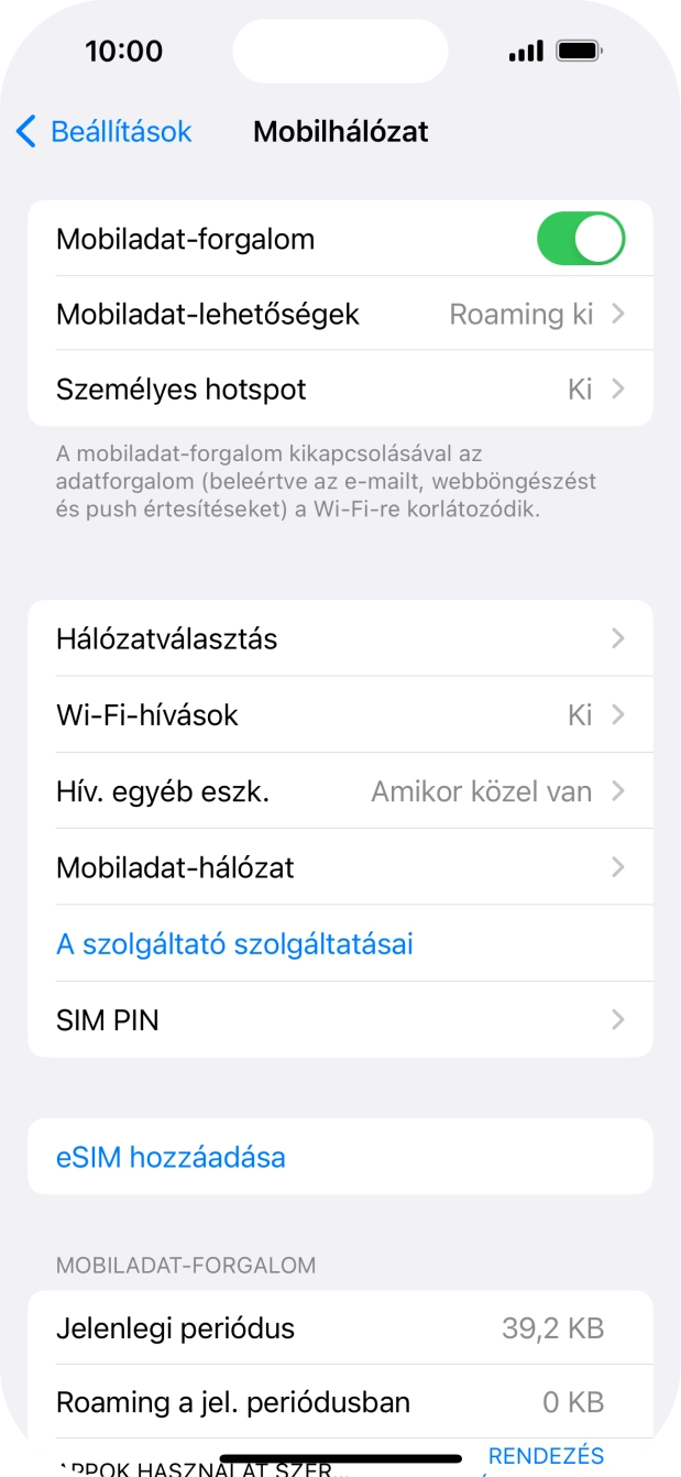 Válaszd a Mobiladat-hálózat lehetőséget.
