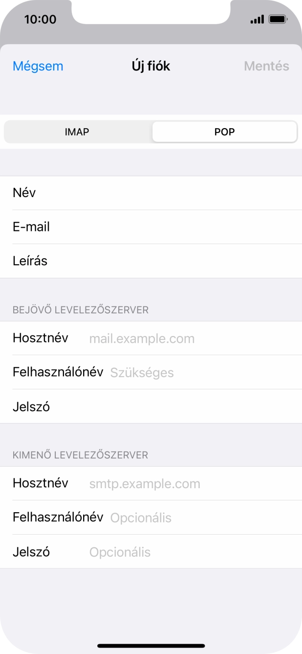 Kattints a Hosztnév mezőre, és írd be az e-mail szolgáltatód bejövő szerverének a nevét.