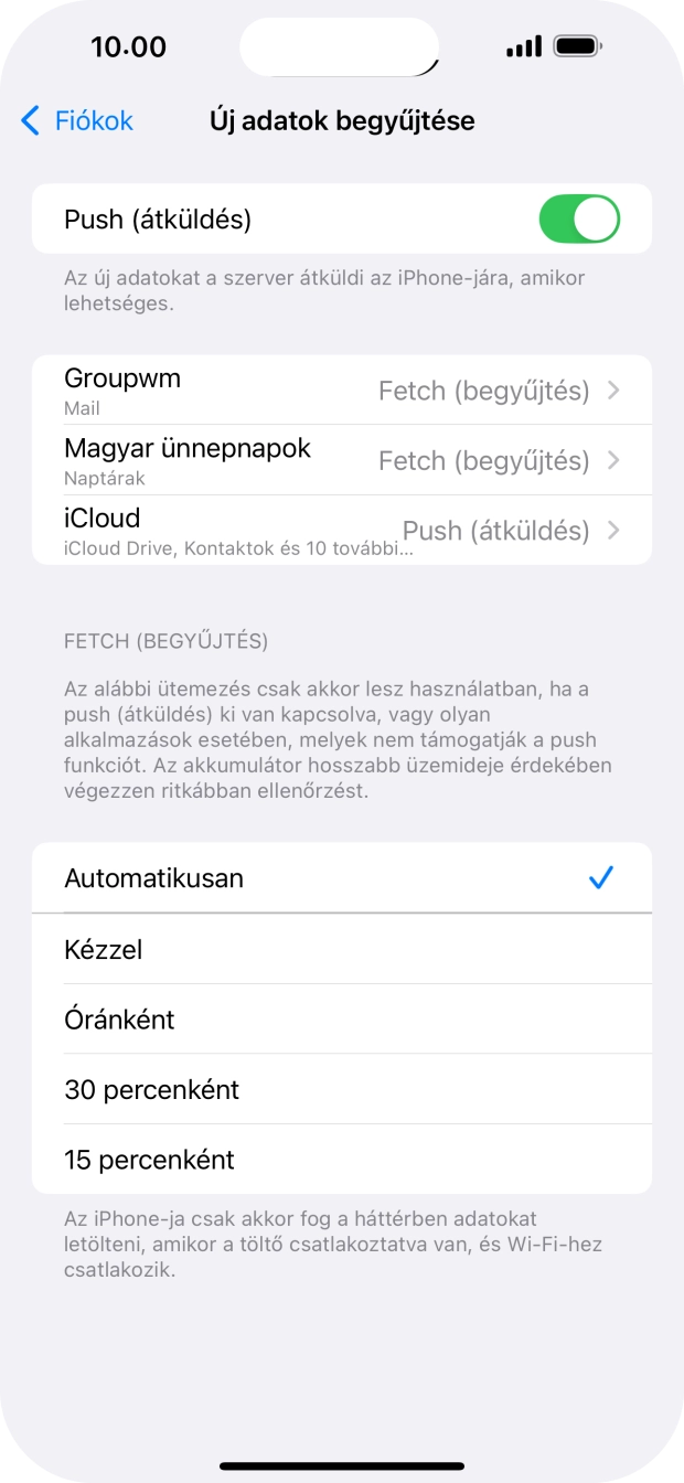 Kattints a „Push (átküldés)” melletti csúszkára a funkció be- vagy kikapcsolásához.
