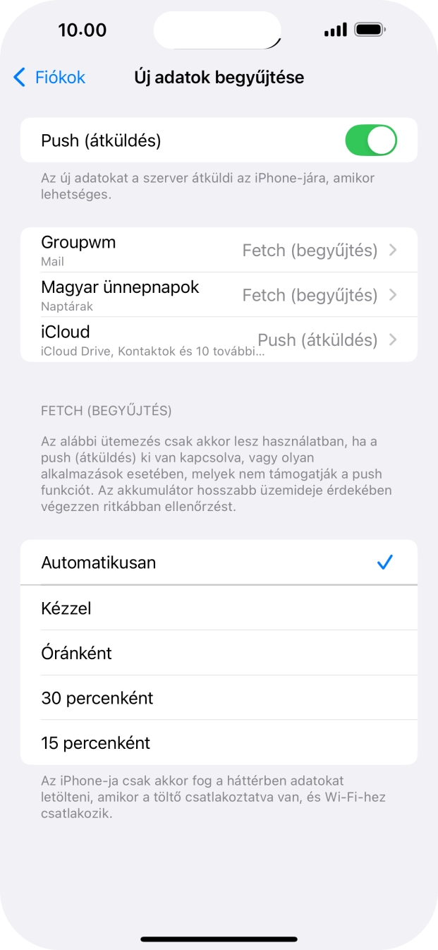 Kattints a „Push (átküldés)” melletti csúszkára a funkció be- vagy kikapcsolásához.