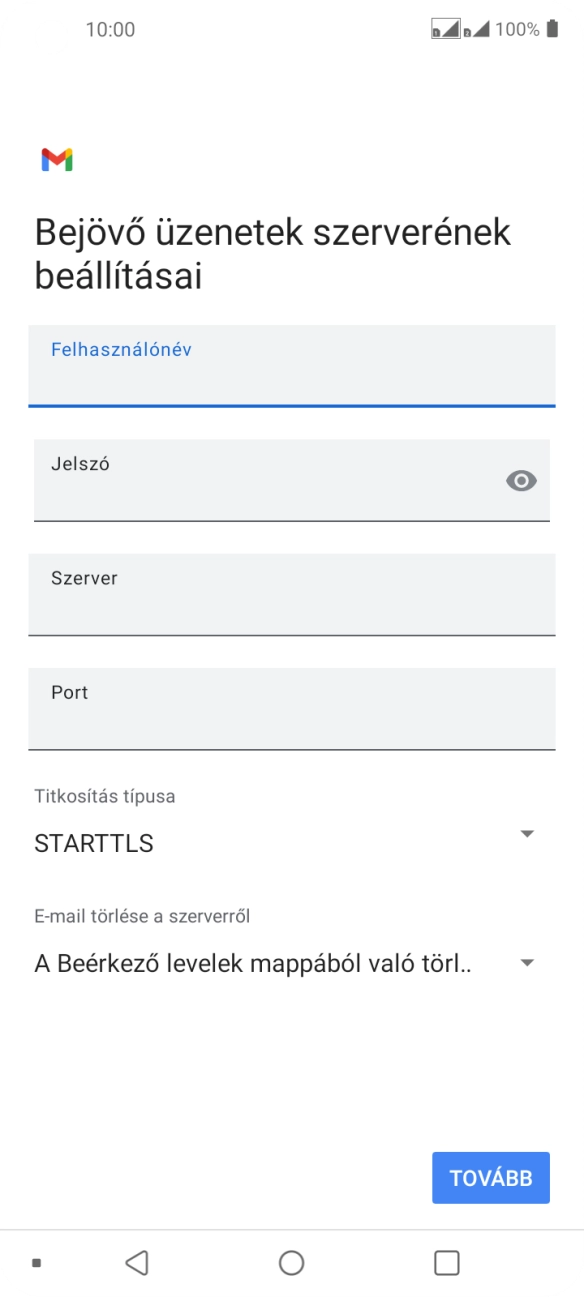 Kattints a „Szerver” alatti mezőre, és írd be az e-mail szolgáltatód bejövő szerverének a nevét.