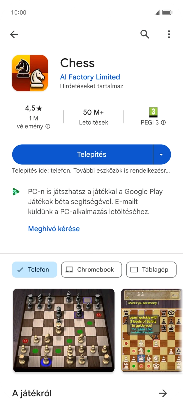 Válaszd a Telepítés lehetőséget, és kövesd a képernyőn megjelenő utasításokat az alkalmazás telepítéséhez. Válaszd a Telepítés lehetőséget, és kövesd a képernyőn megjelenő utasításokat az alkalmazás telepítéséhez.
