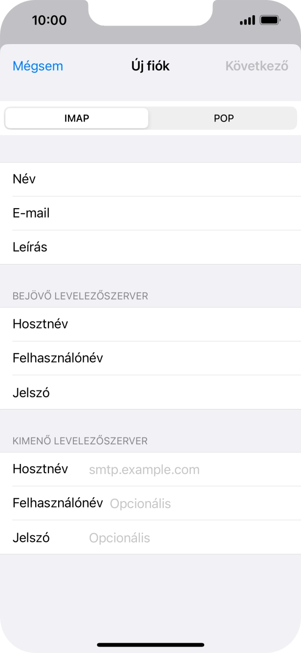 Kattints a Hosztnév mezőre, és írd be az e-mail szolgáltatód kimenő szerverének a nevét.