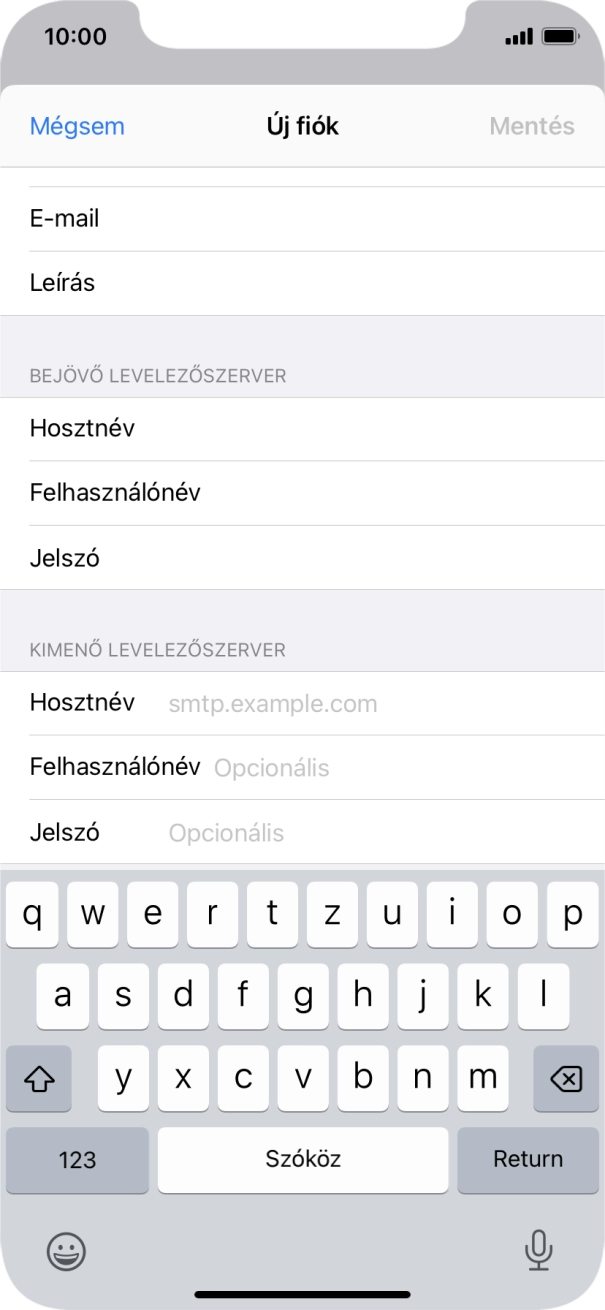 Kattints a Hosztnév mezőre, és írd be az e-mail szolgáltatód kimenő szerverének a nevét.