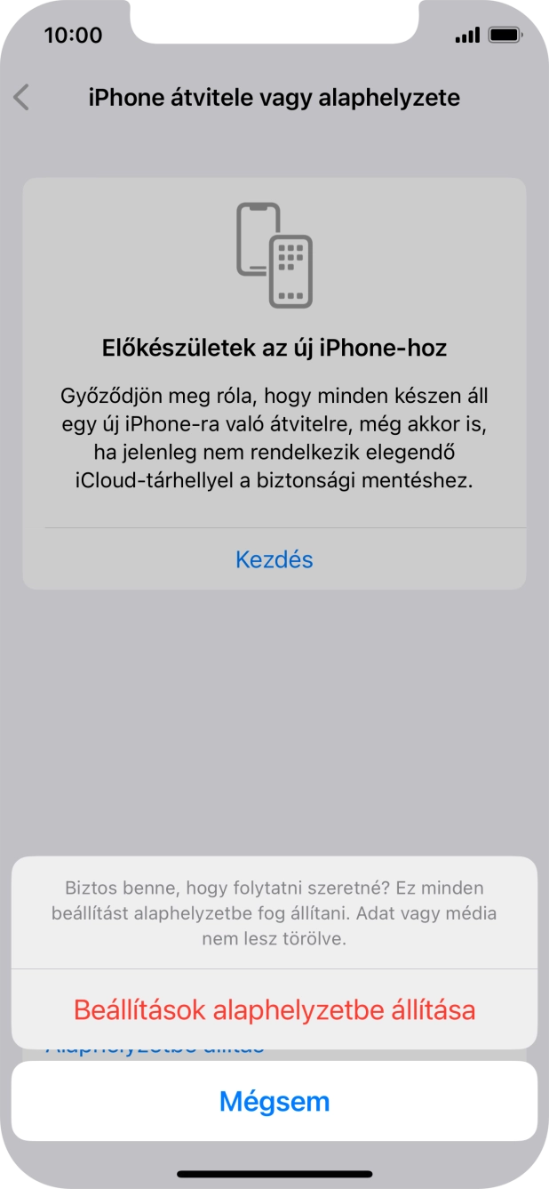Válaszd a Beállítások alaphelyzetbe állítása lehetőséget. Várj egy kicsit, amíg a telefon visszaállítja a gyári beállításokat. A telefon konfigurálásához és ahhoz, hogy üzemkész állapotba hozd, kövesd a képernyőn megjelenő utasításokat. Válaszd a Beállítások alaphelyzetbe állítása lehetőséget. Várj egy kicsit, amíg a telefon visszaállítja a gyári beállításokat. A telefon konfigurálásához és ahhoz, hogy üzemkész állapotba hozd, kövesd a képernyőn megjelenő utasításokat.