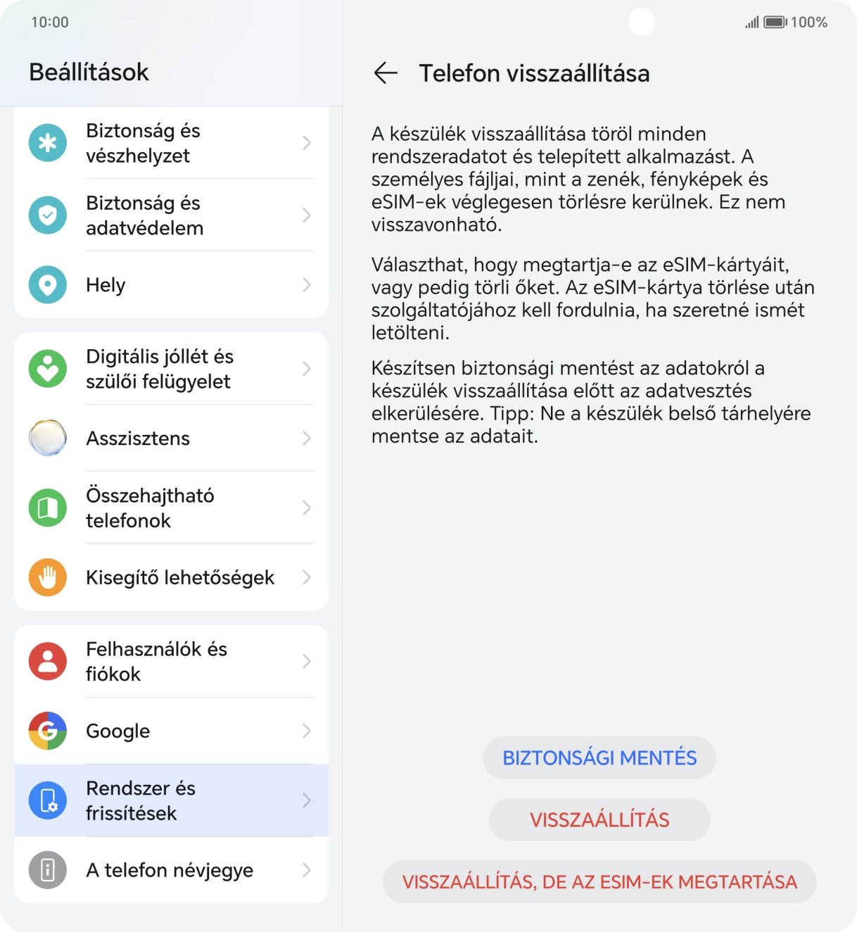 Válaszd a VISSZAÁLLÍTÁS lehetőséget. Várj egy kicsit, amíg a telefon visszaállítja a gyári beállításokat. A telefon konfigurálásához és ahhoz, hogy üzemkész állapotba hozd, kövesd a képernyőn megjelenő utasításokat.