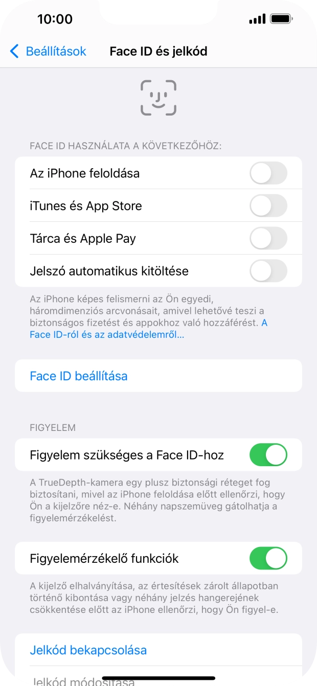 Válaszd a Jelkód bekapcsolása lehetőséget, és írj be kétszer egymás után egy tetszőleges képernyőzárkódot.