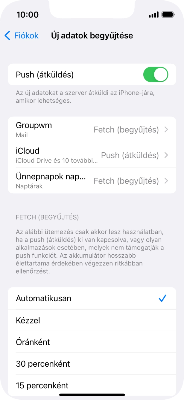 Kattints a „Push (átküldés)” melletti csúszkára a funkció be- vagy kikapcsolásához.