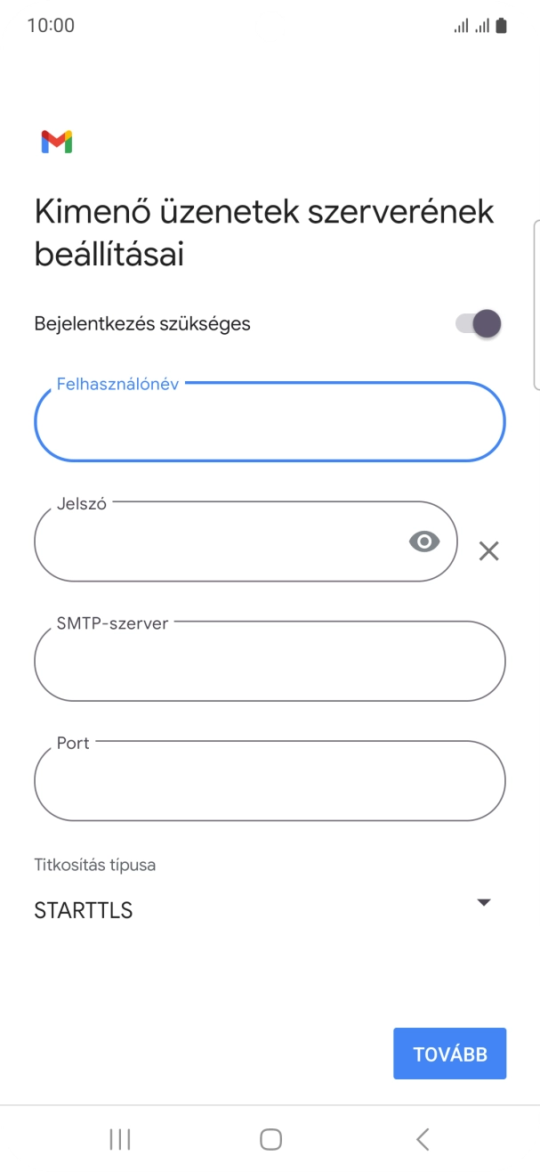 Kattints a „Jelszó” alatti mezőre, és írd be az e-mail szolgáltatód kimenő szerverének jelszavát.
