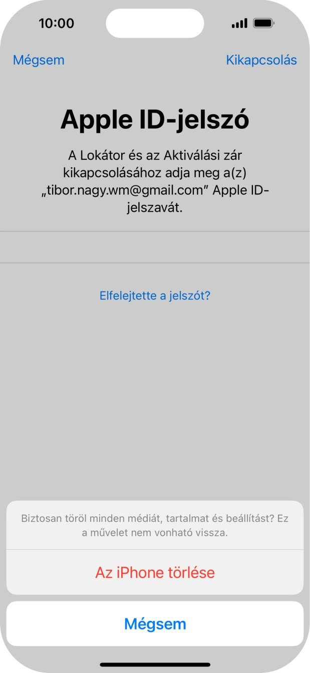 Írd be az Apple ID-hoz tartózó jelszót, és válaszd Az iPhone törlése lehetőséget. Várj egy kicsit, amíg a telefon visszaállítja a gyári beállításokat. A telefon konfigurálásához és ahhoz, hogy üzemkész állapotba hozd, kövesd a képernyőn megjelenő utasításokat.