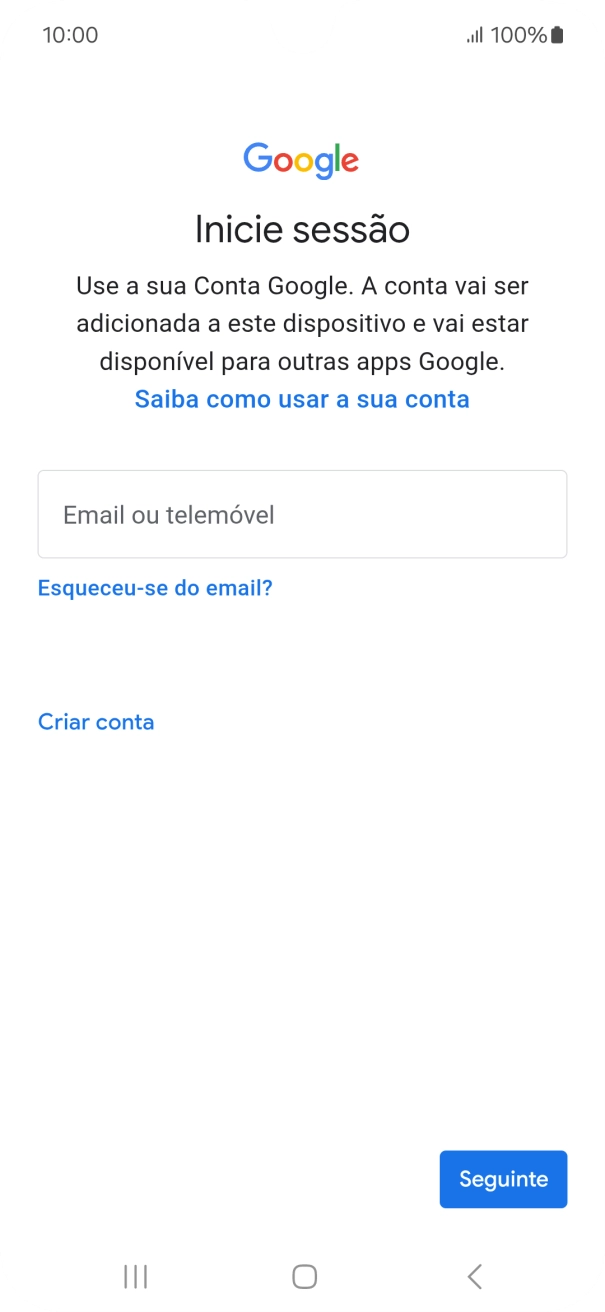 Se não tiver uma conta Google, prima Criar conta e siga as indicações no ecrã para criar uma conta.