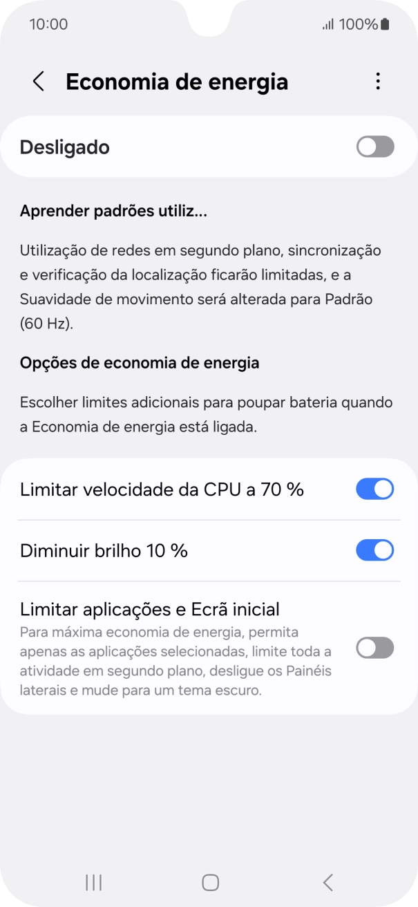 Prima os indicadores junto às definições pretendidas para as ativar ou desativar.