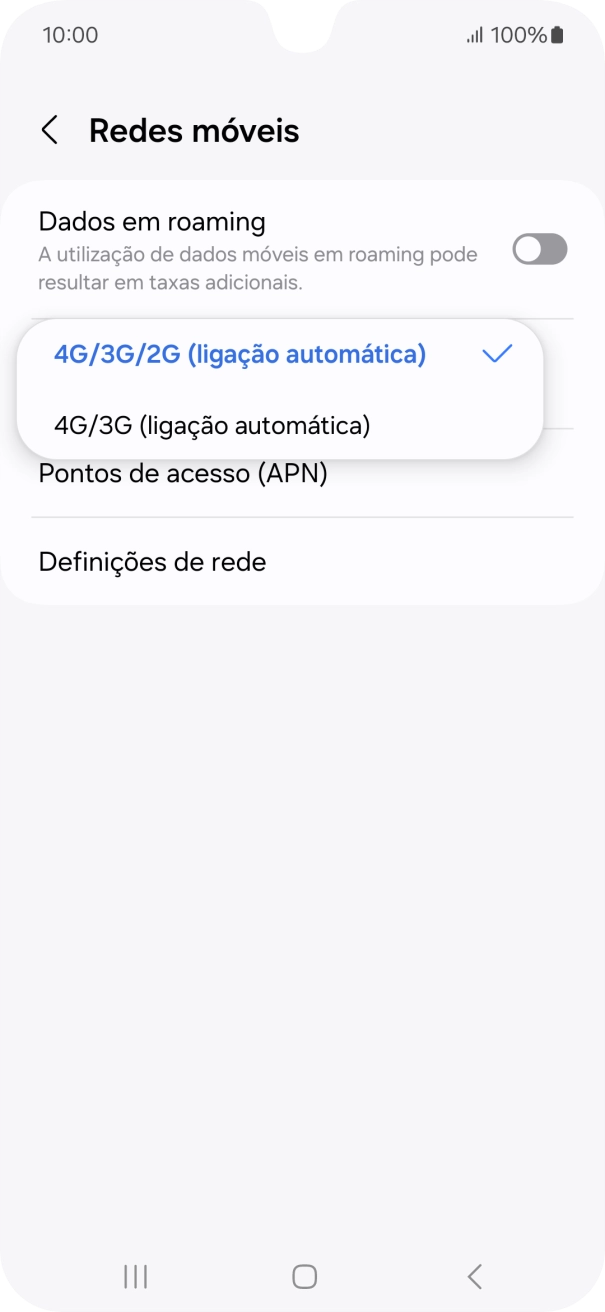 Prima o tipo de rede pretendido.