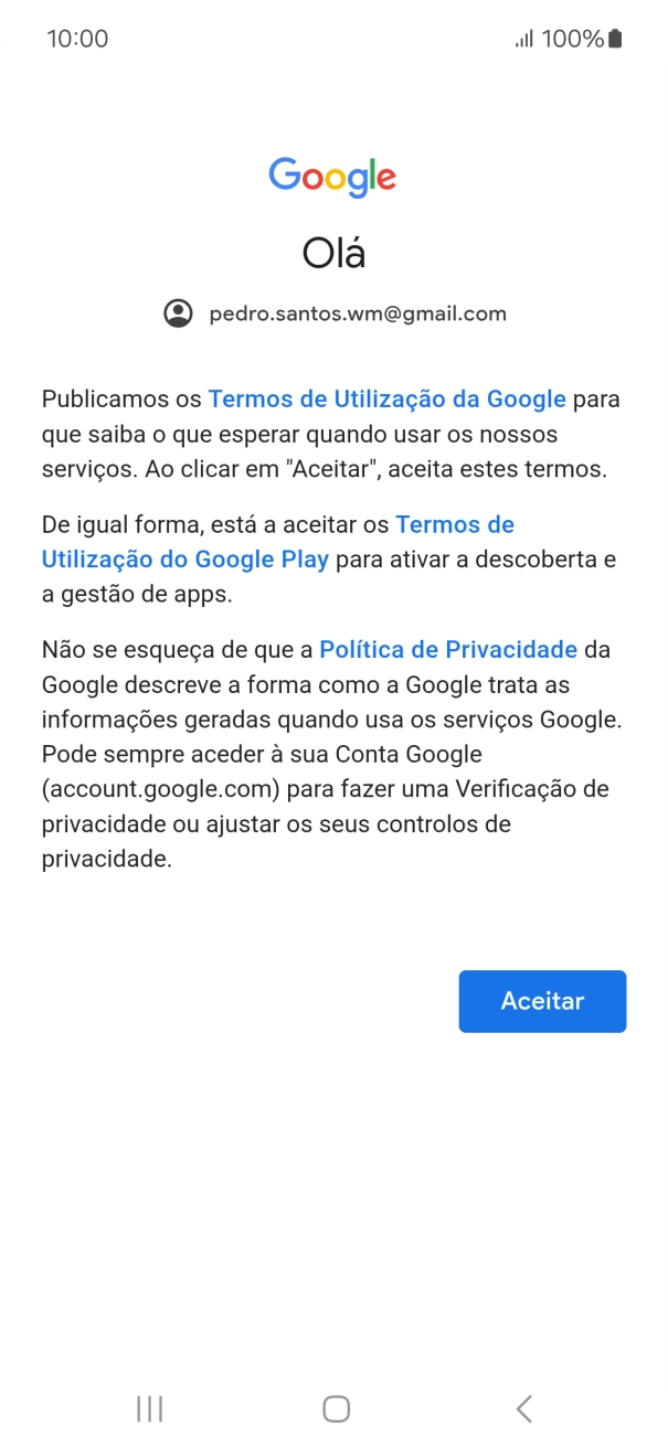 Prima Aceitar e siga as indicações no ecrã para escolher as definições da conta Google.