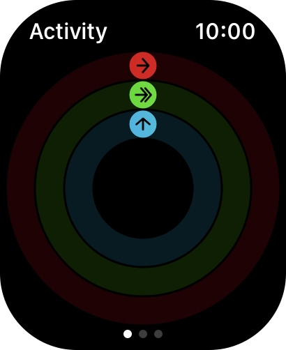 The screen will tell you how far you are from completing your daily activity goals. When the coloured rings are closed, you've reached the goals of your daily activity. The screen will tell you how far you are from completing your daily activity goals. When the coloured rings are closed, you've reached the goals of your daily activity.