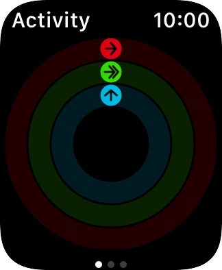 The screen will tell you how far you are from completing your daily activity goals. When the coloured rings are closed, you've reached the goals of your daily activity. The screen will tell you how far you are from completing your daily activity goals. When the coloured rings are closed, you've reached the goals of your daily activity.