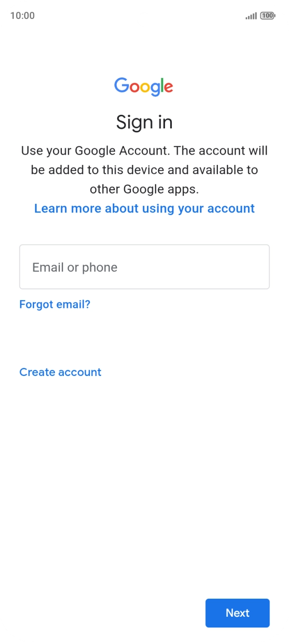 If you don't have a Google account, press Create account and follow the instructions on the screen to create an account.