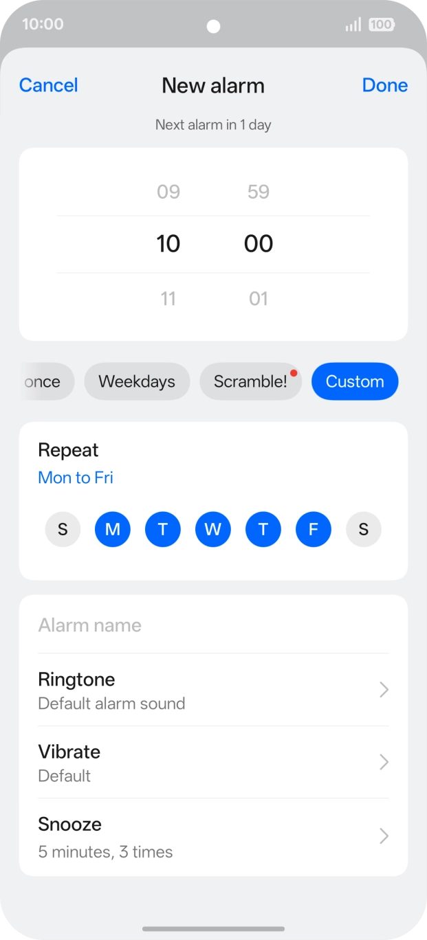 Press Ringtone and follow the instructions on the screen to select the required alarm tone.