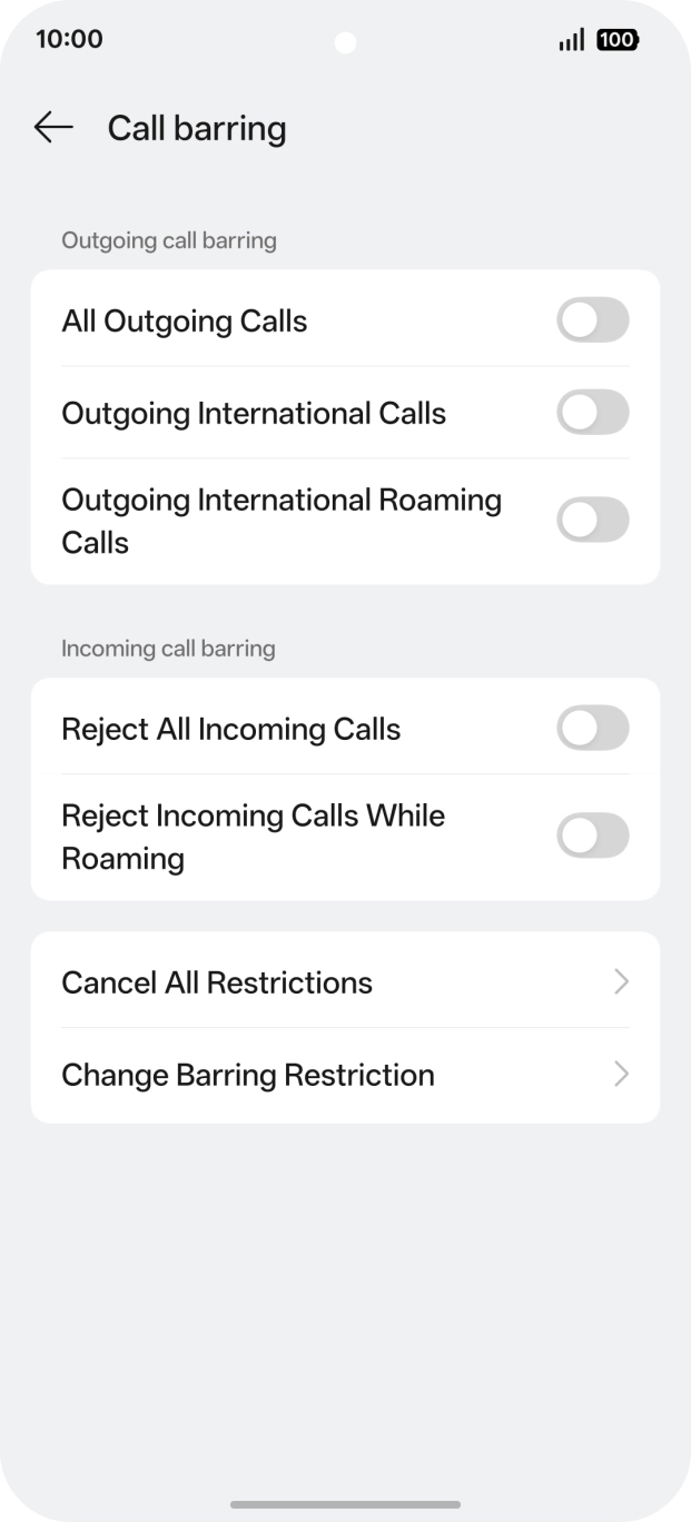Press the indicator next to the required barring type to turn the function on or off.