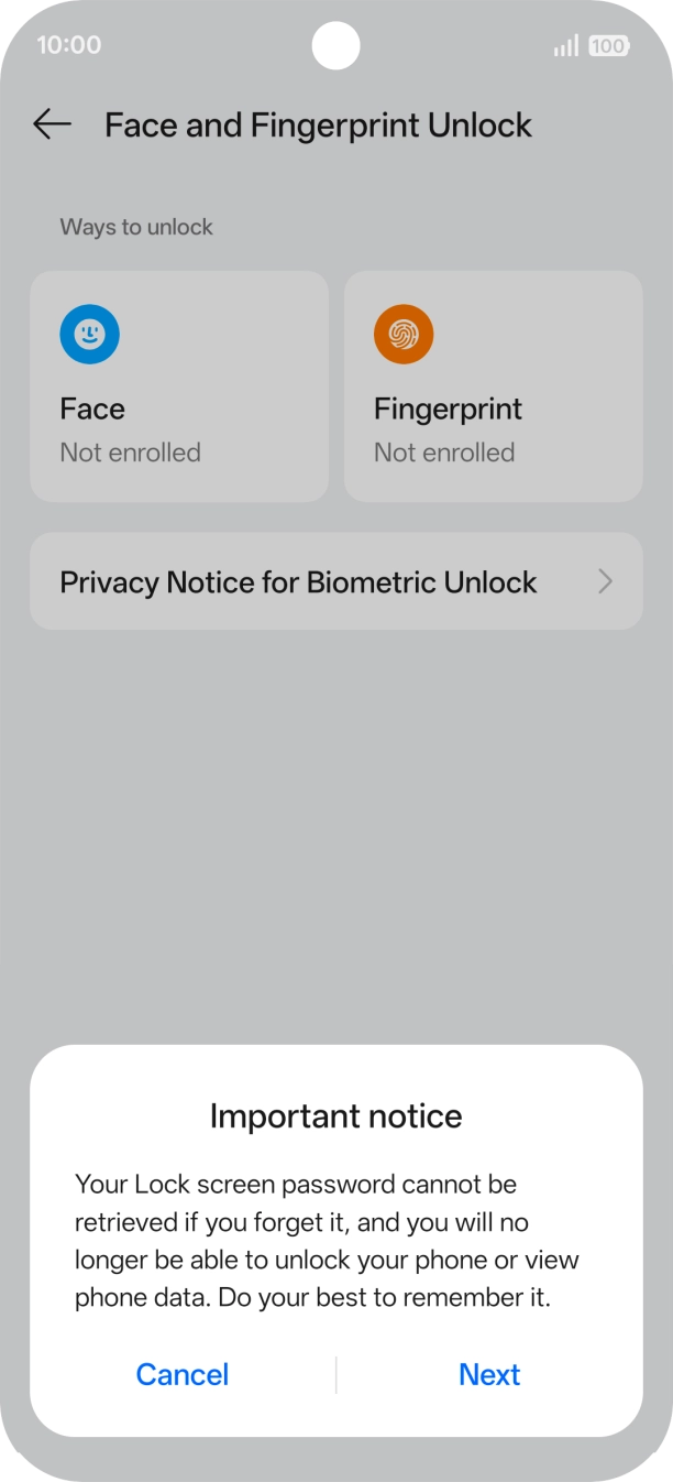 Press Next and follow the instructions on the screen to create an additional phone lock code. Press Next and follow the instructions on the screen to create an additional phone lock code.