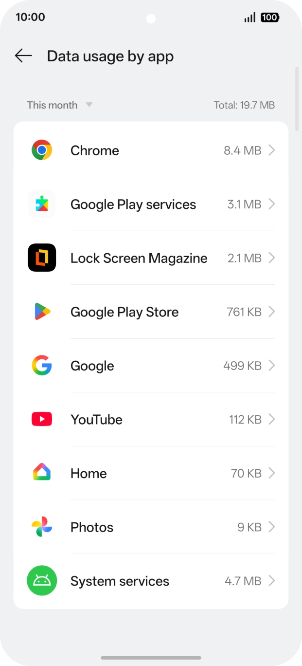 The data usage for each application is displayed next to the name of the application.