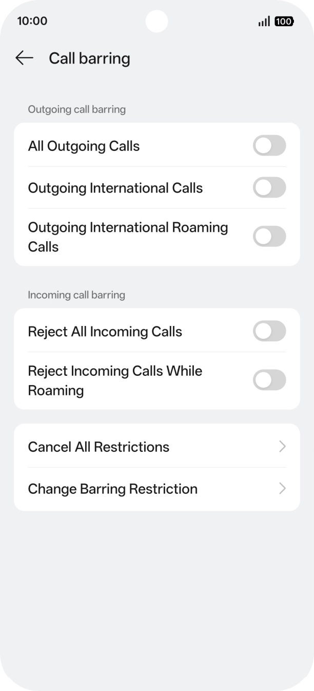 Press the indicator next to the required barring type to turn the function on or off.