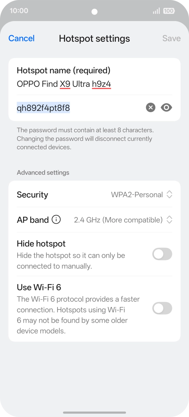 Press the field below 'Hotspot name (required)' and key in the required name. Press the field below 'Hotspot name (required)' and key in the required name.