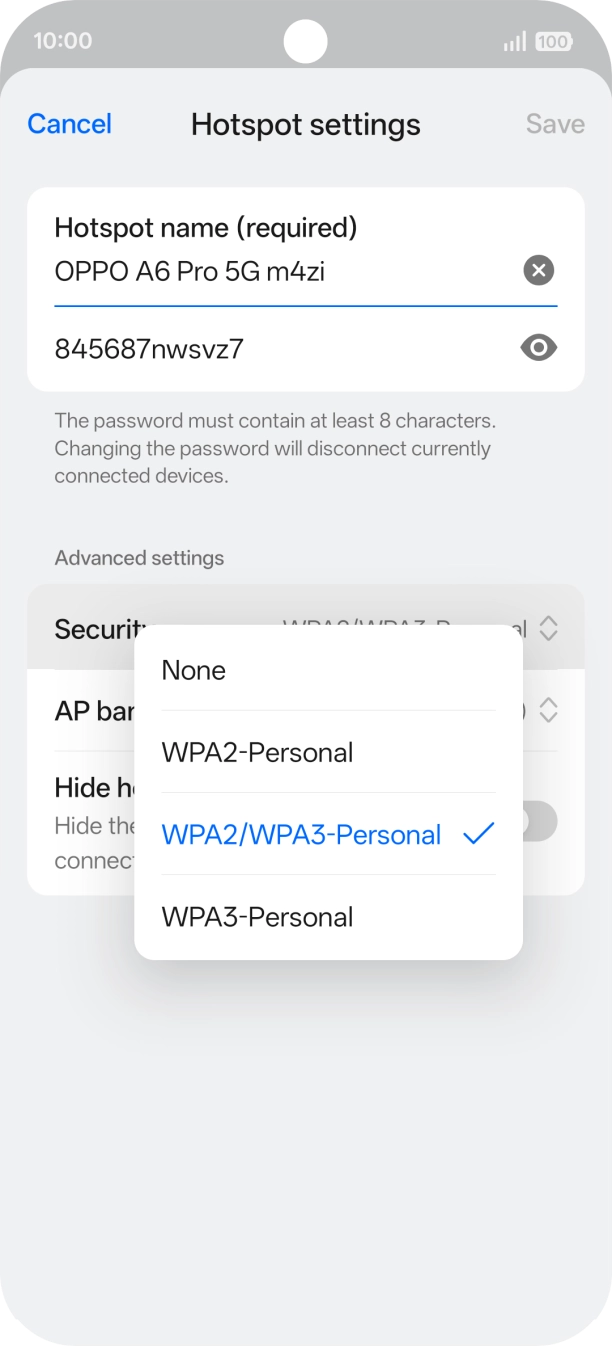Press WPA3-Personal to password protect your WiFi hotspot.