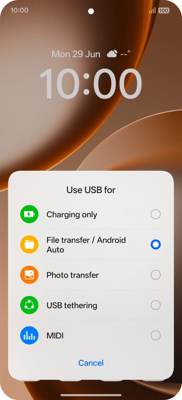 Press File transfer / Android Auto. Press File transfer / Android Auto.