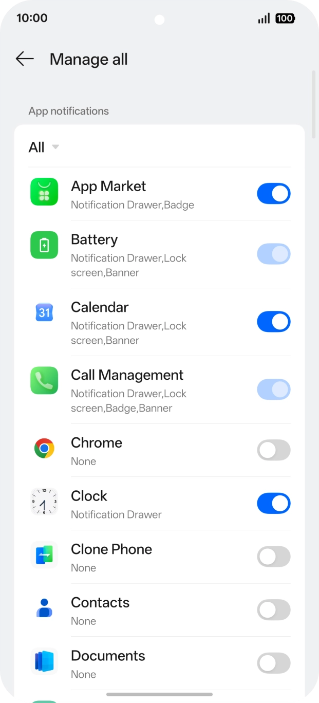 Press the indicators next to the required apps to turn the function on or off.