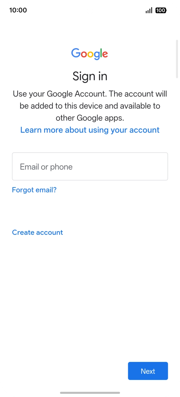 If you don't have a Google account, press Create account and follow the instructions on the screen to create an account.