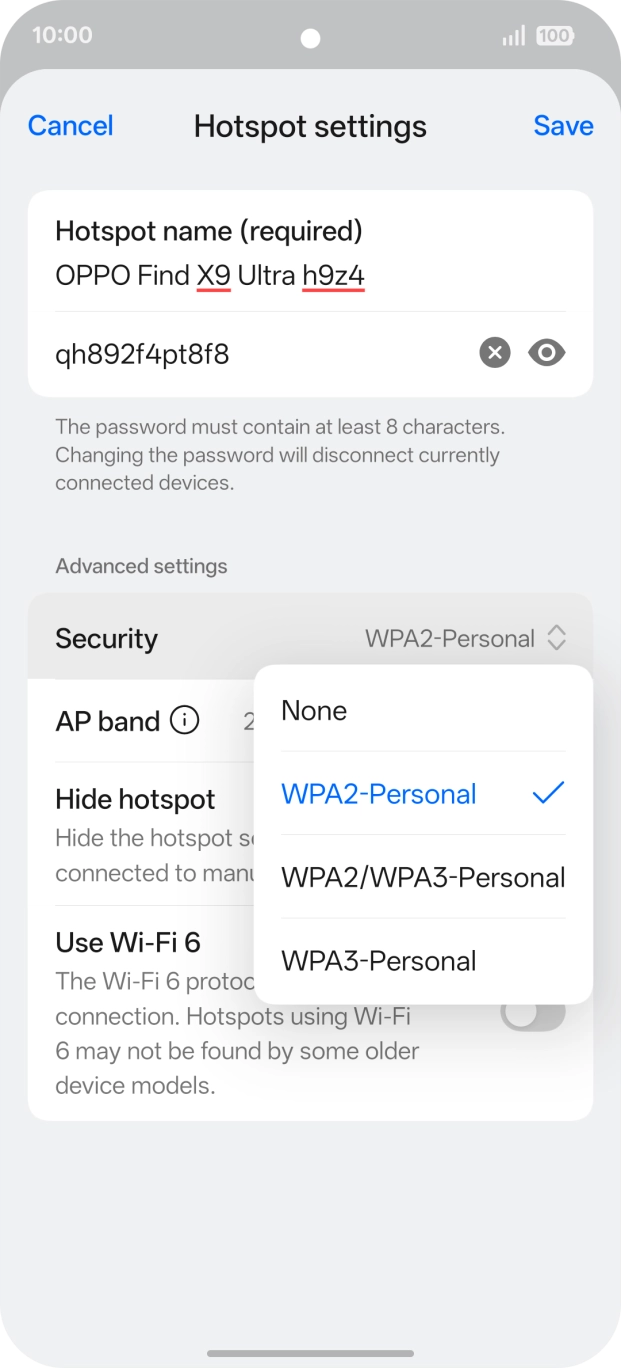 Press WPA3-Personal to password protect your WiFi hotspot. Press WPA3-Personal to password protect your WiFi hotspot.