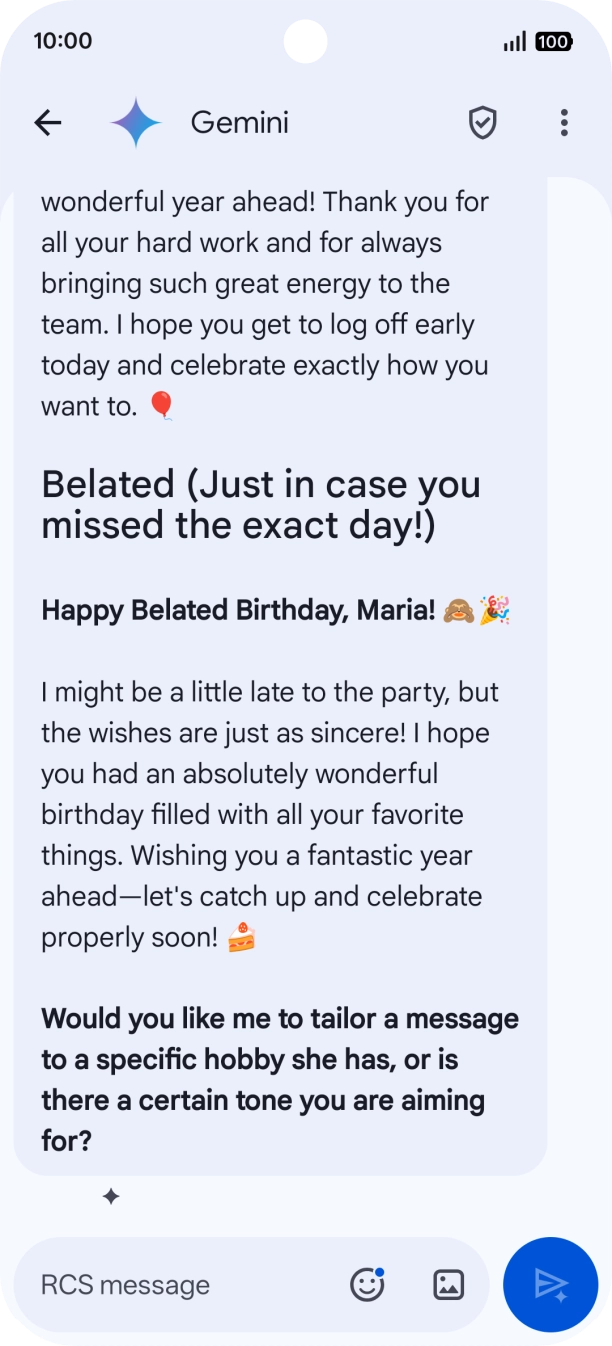 The text suggestion from Gemini is displayed. The text suggestion from Gemini is displayed.