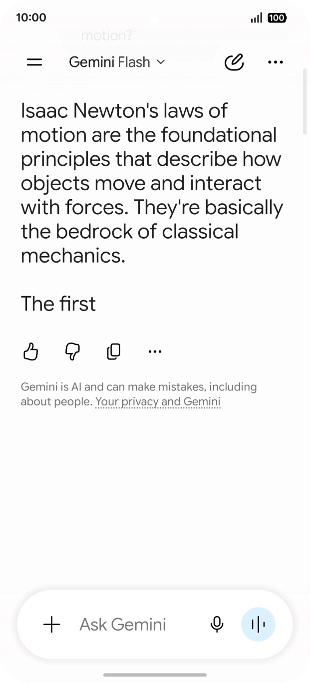 Transcription of the conversation with Gemini Live is now displayed.