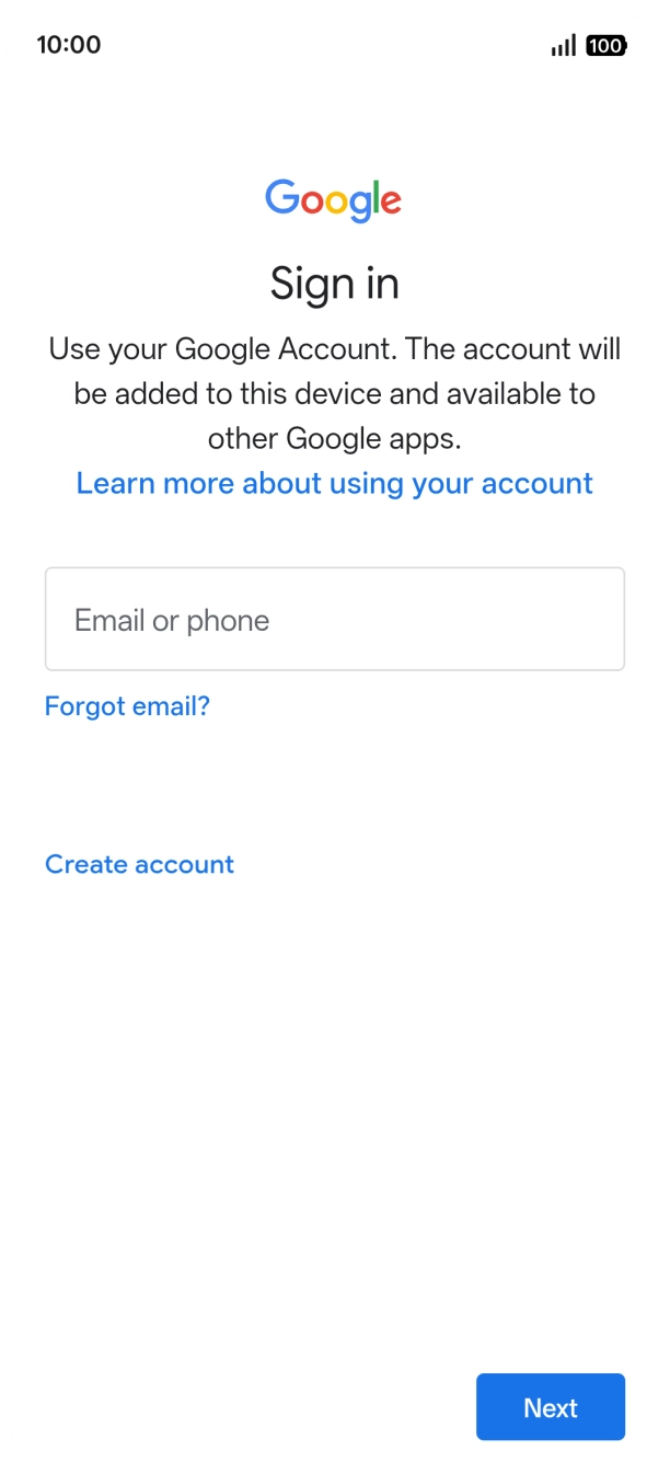 If you don't have a Google account, press Create account and follow the instructions on the screen to create an account.