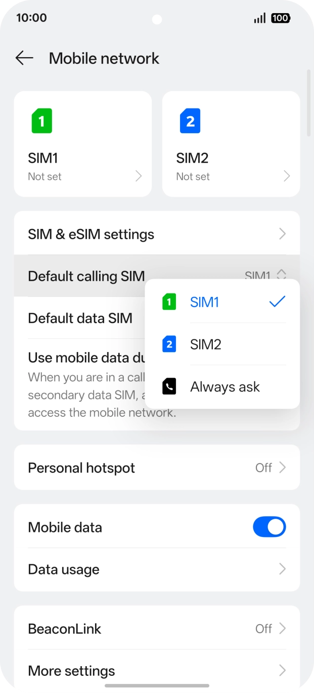 Press the required setting.