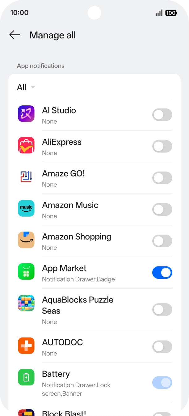 Press the indicators next to the required apps to turn the function on or off.