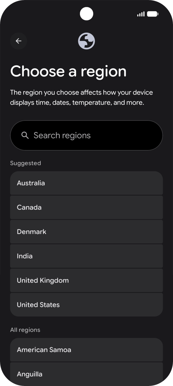 Press the required country or area. Press the required country or area.