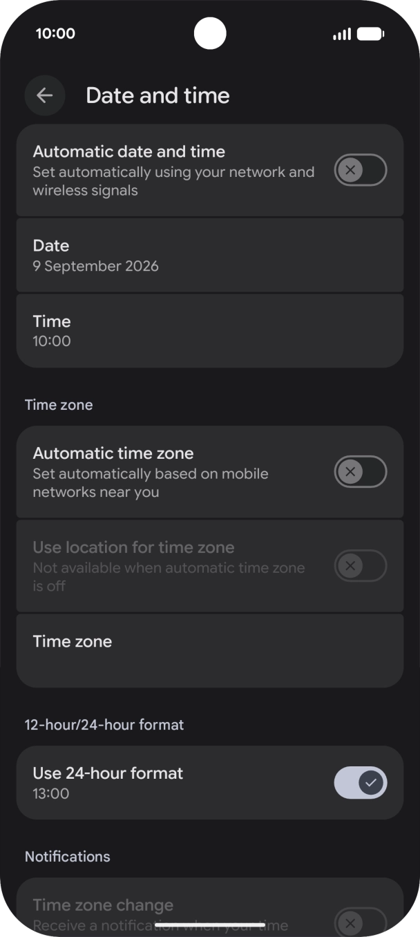 Press the indicator next to 'Automatic date and time' to turn on the function.