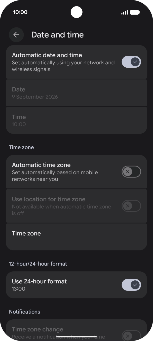 Press the indicator next to 'Automatic time zone' to turn on the function.