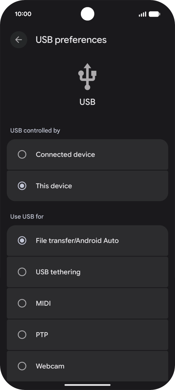 Press File transfer/Android Auto. Press File transfer/Android Auto.
