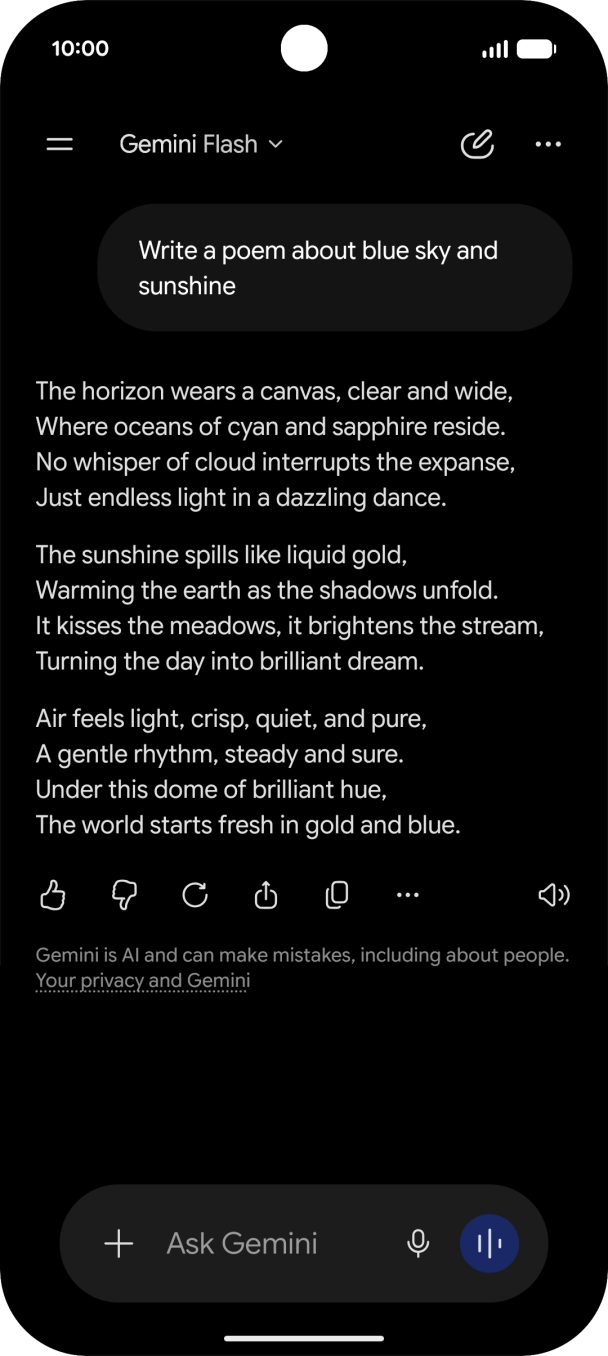 You can ask Gemini to generate a text based on your description. You can ask Gemini to generate a text based on your description.
