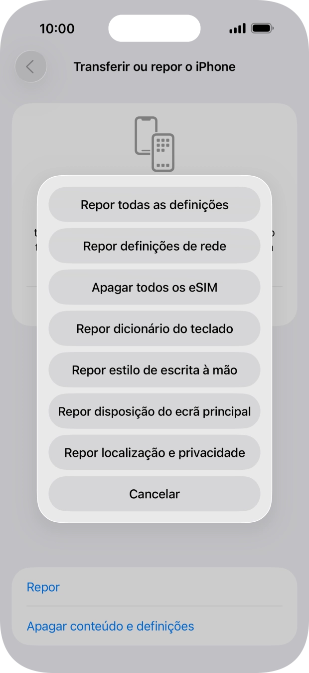 Prima Repor definições de rede.