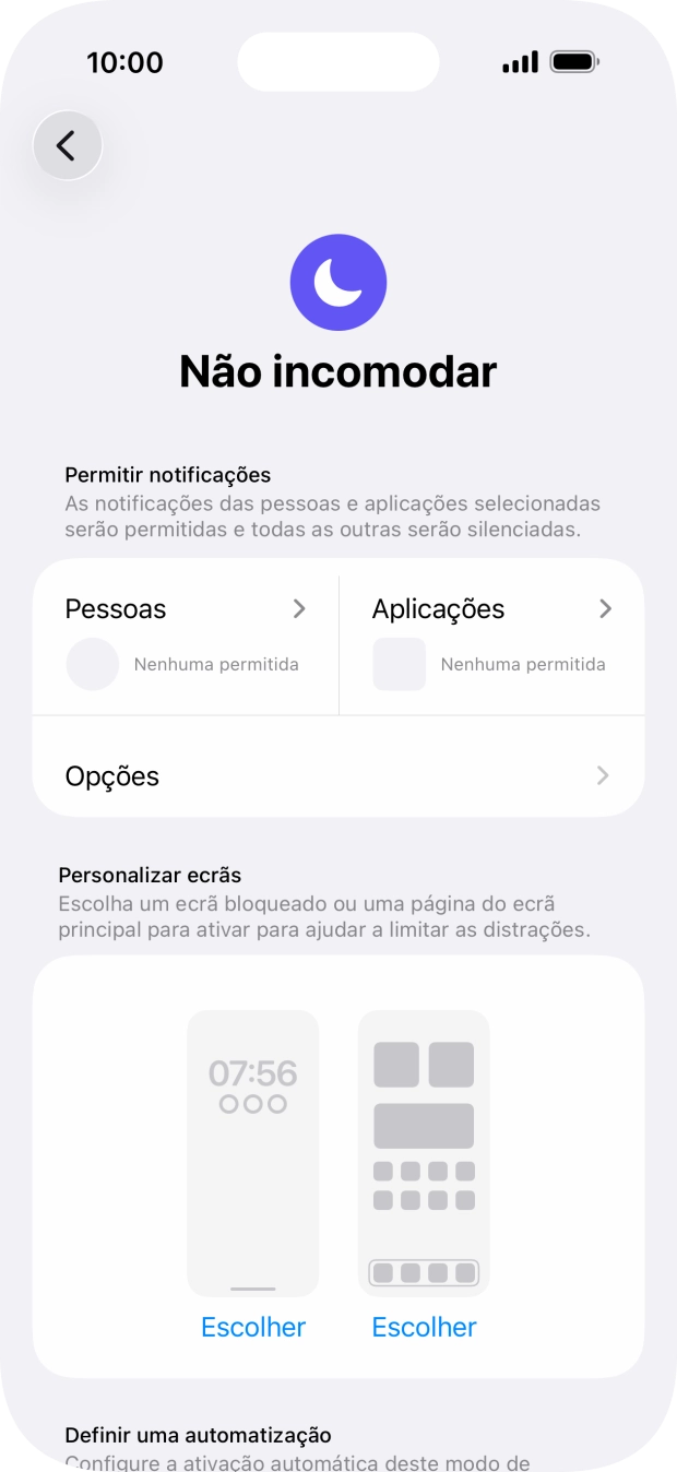 Prima Pessoas e siga as indicações no ecrã para escolher quais os contactos de que pretende receber chamadas e notificações, enquanto a função “Não incomodar” está ativada.